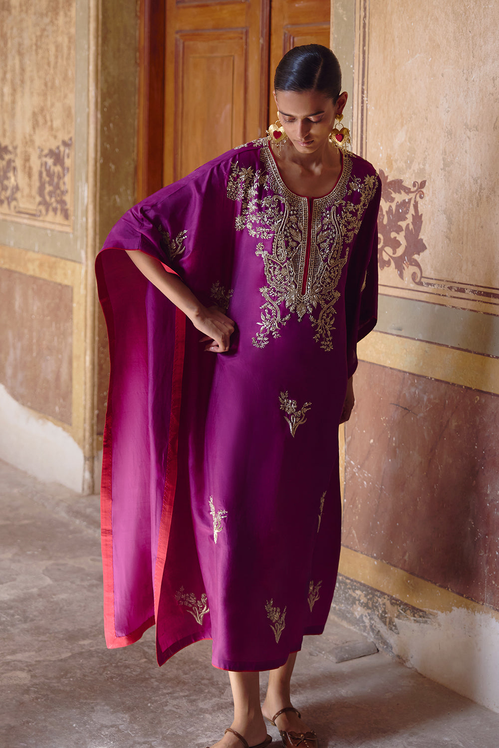 Magenta New Zardozi Flower Butta Kaftan Set