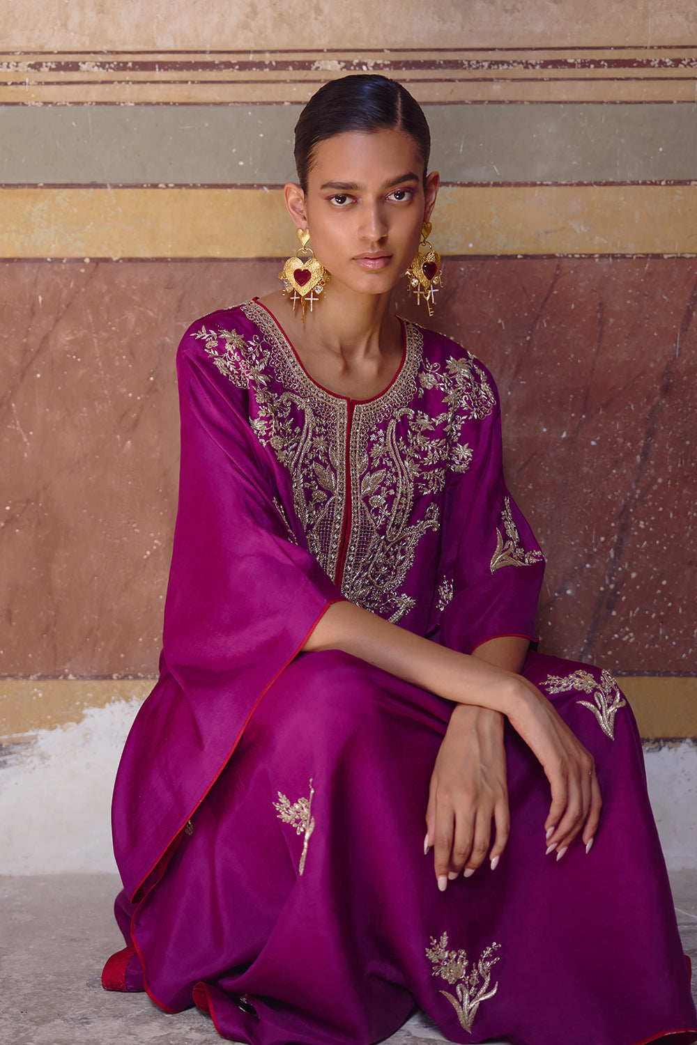 Magenta New Zardozi Flower Butta Kaftan Set
