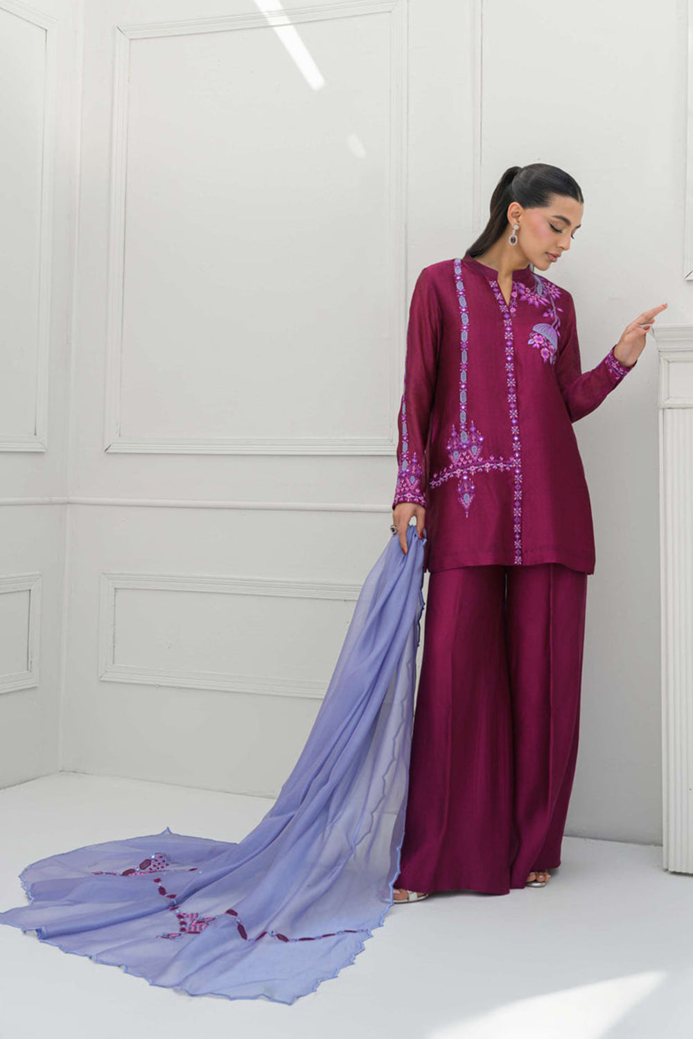 Magenta Silk Embroidered Kurta Palazzo Suit Sets