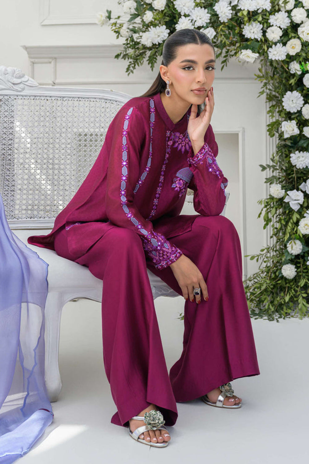 Magenta Silk Embroidered Kurta Palazzo Suit Sets