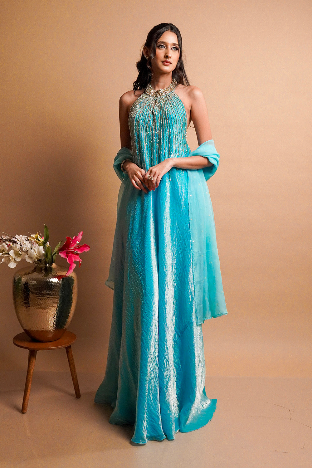Maris Blue Halter Gown with Dupatta