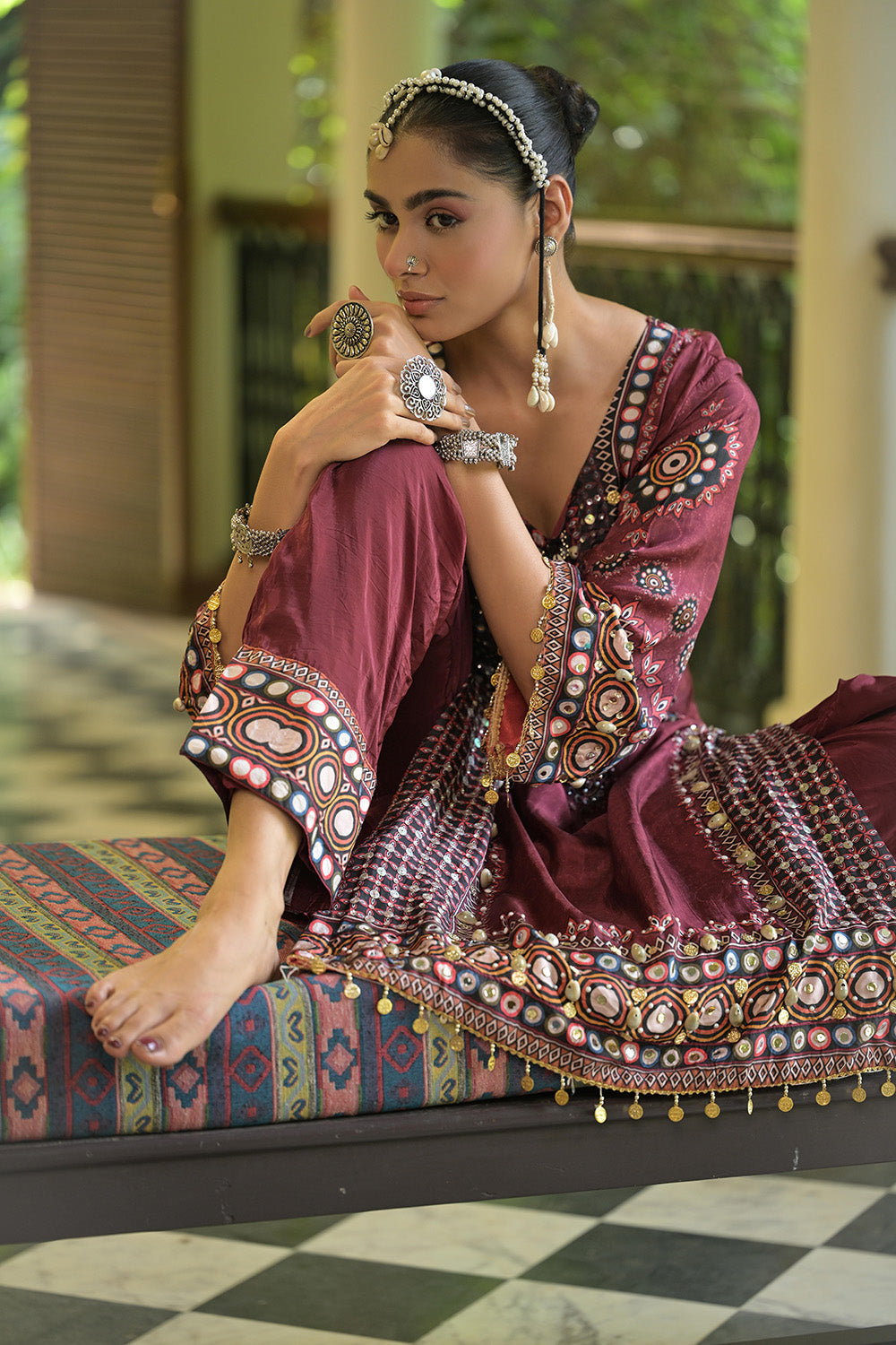 Maroon Crepe A Line Long Kurta Set With Printed Detailing