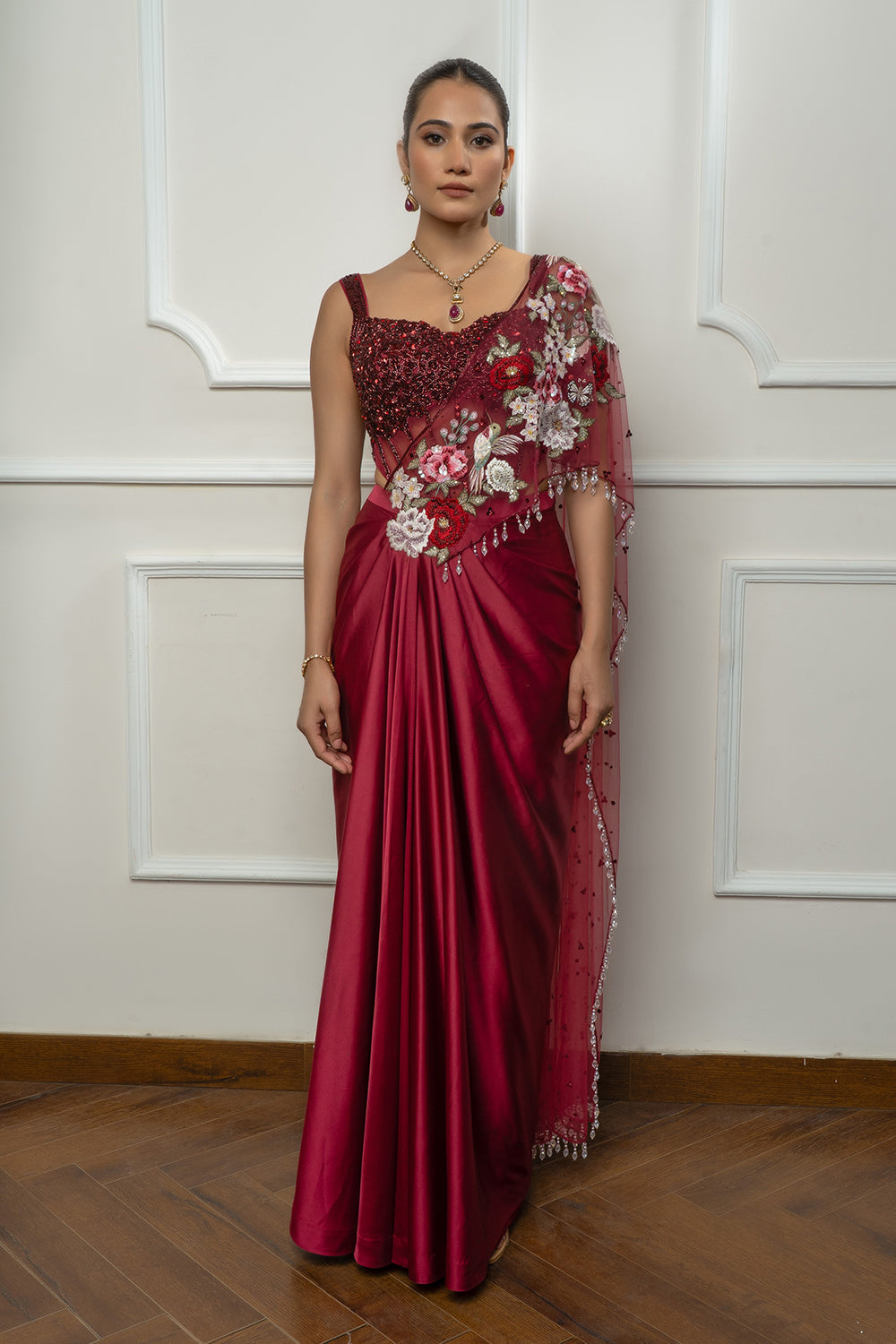 Maroon Drape Saree Set