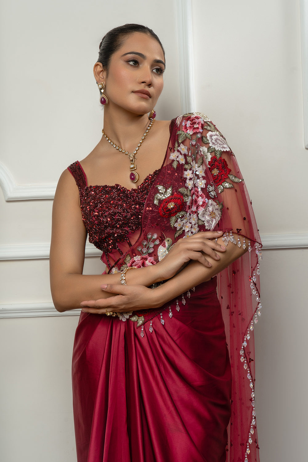Maroon Drape Saree Set