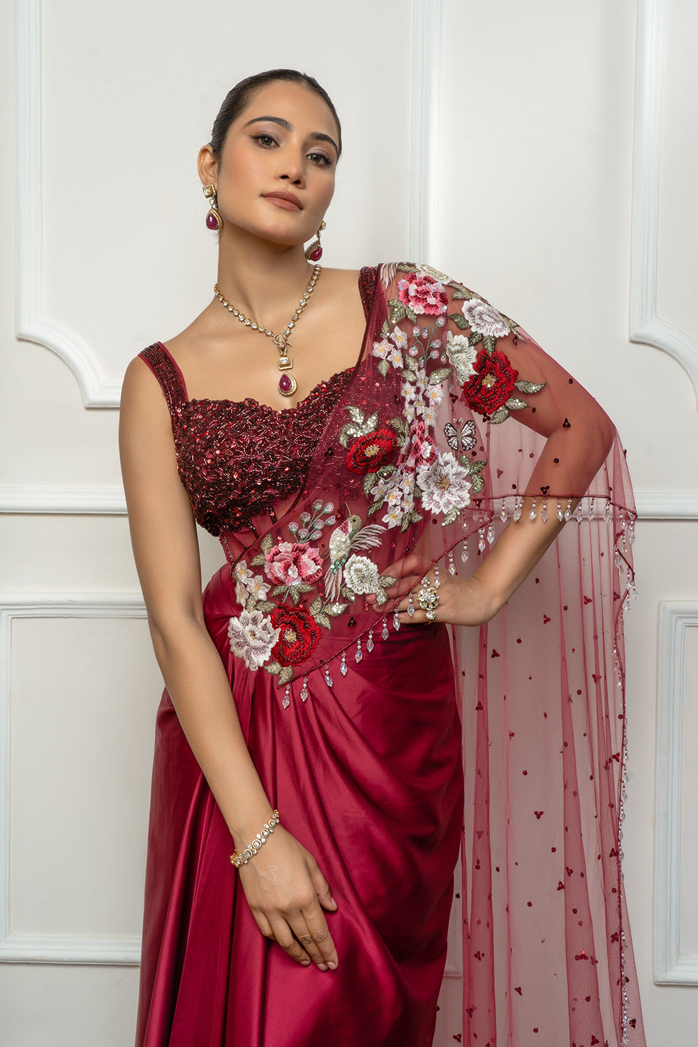 Maroon Drape Saree Set