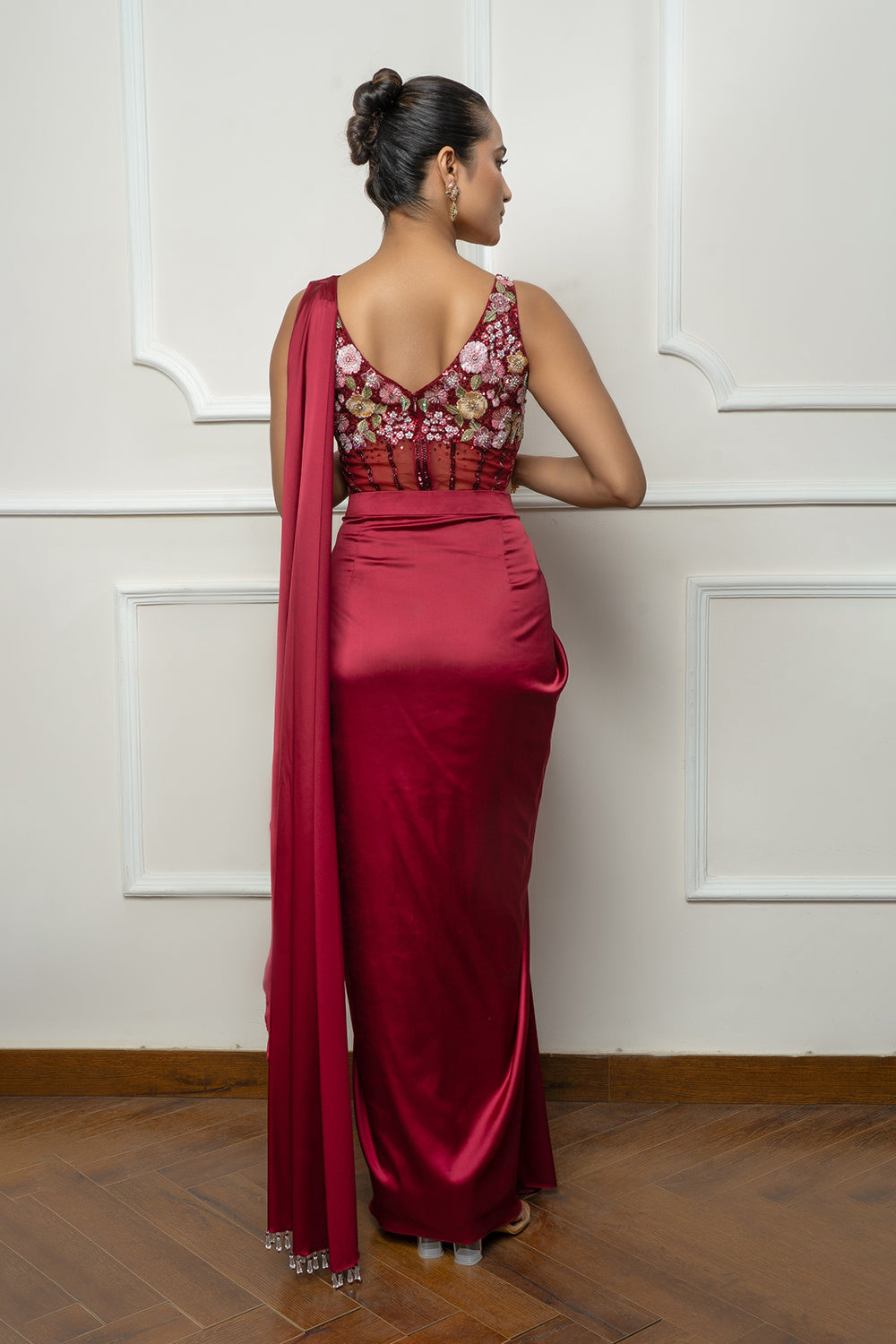 Maroon drape saree set