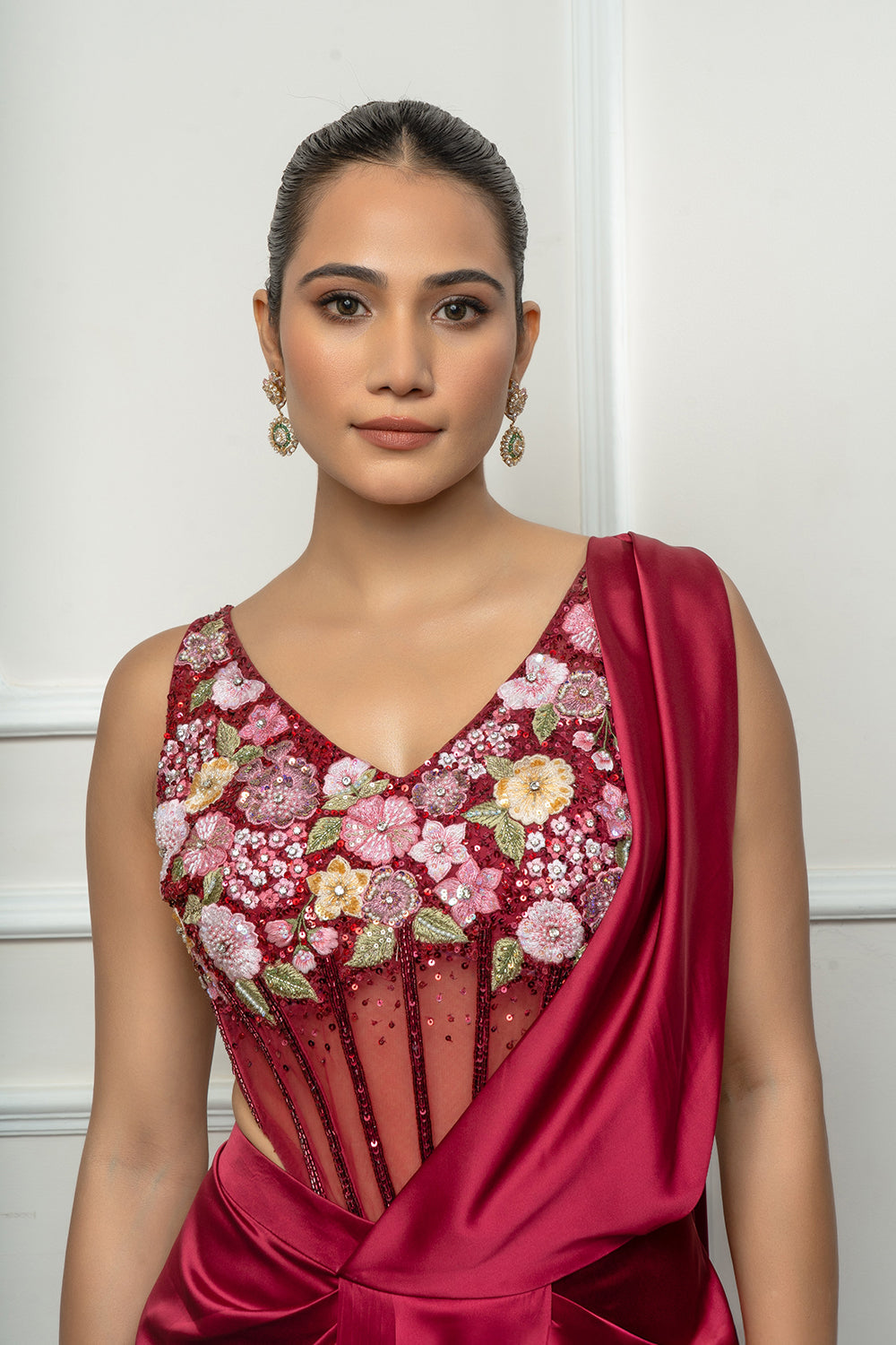 Maroon drape saree set