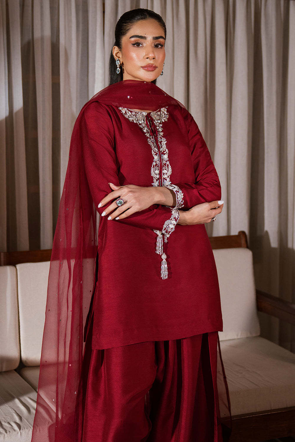 Maroon Embroidered Gajji Silk Farshi Suit Set