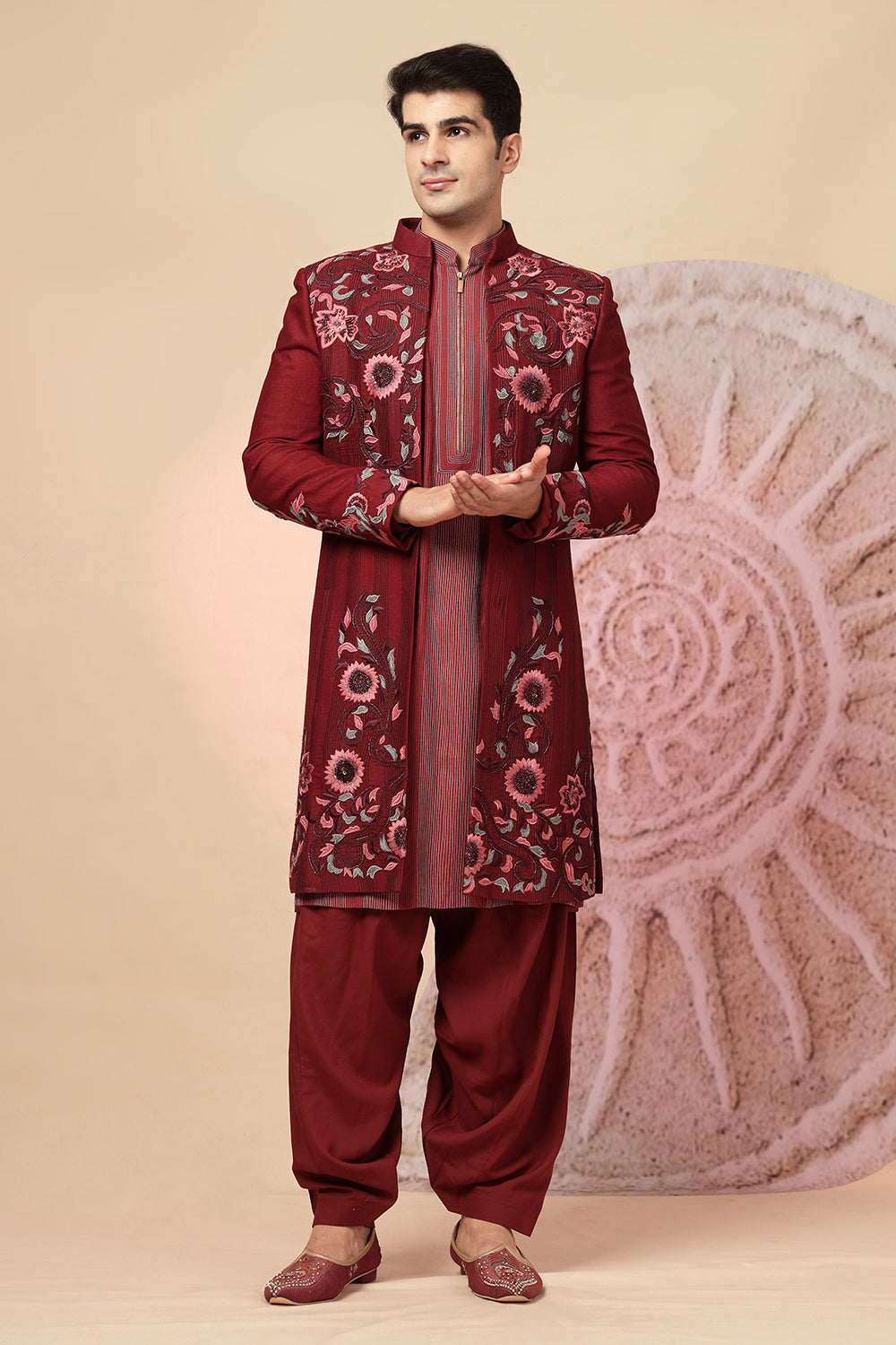 Maroon Embroidered Sherwani With Pathani Salwar