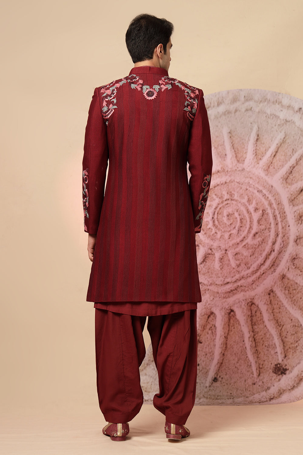 Maroon Embroidered Sherwani With Pathani Salwar