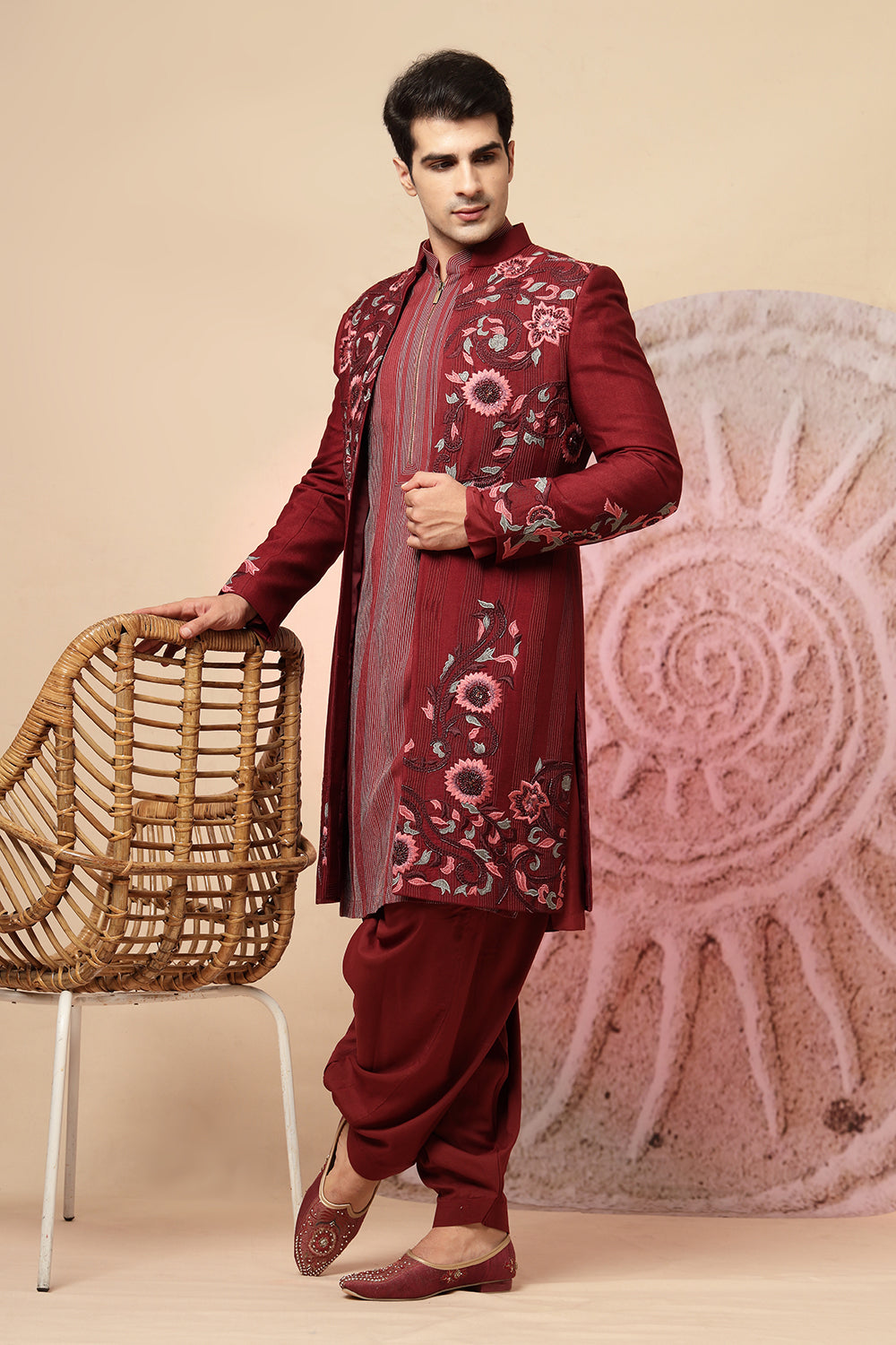 Maroon Embroidered Sherwani With Pathani Salwar