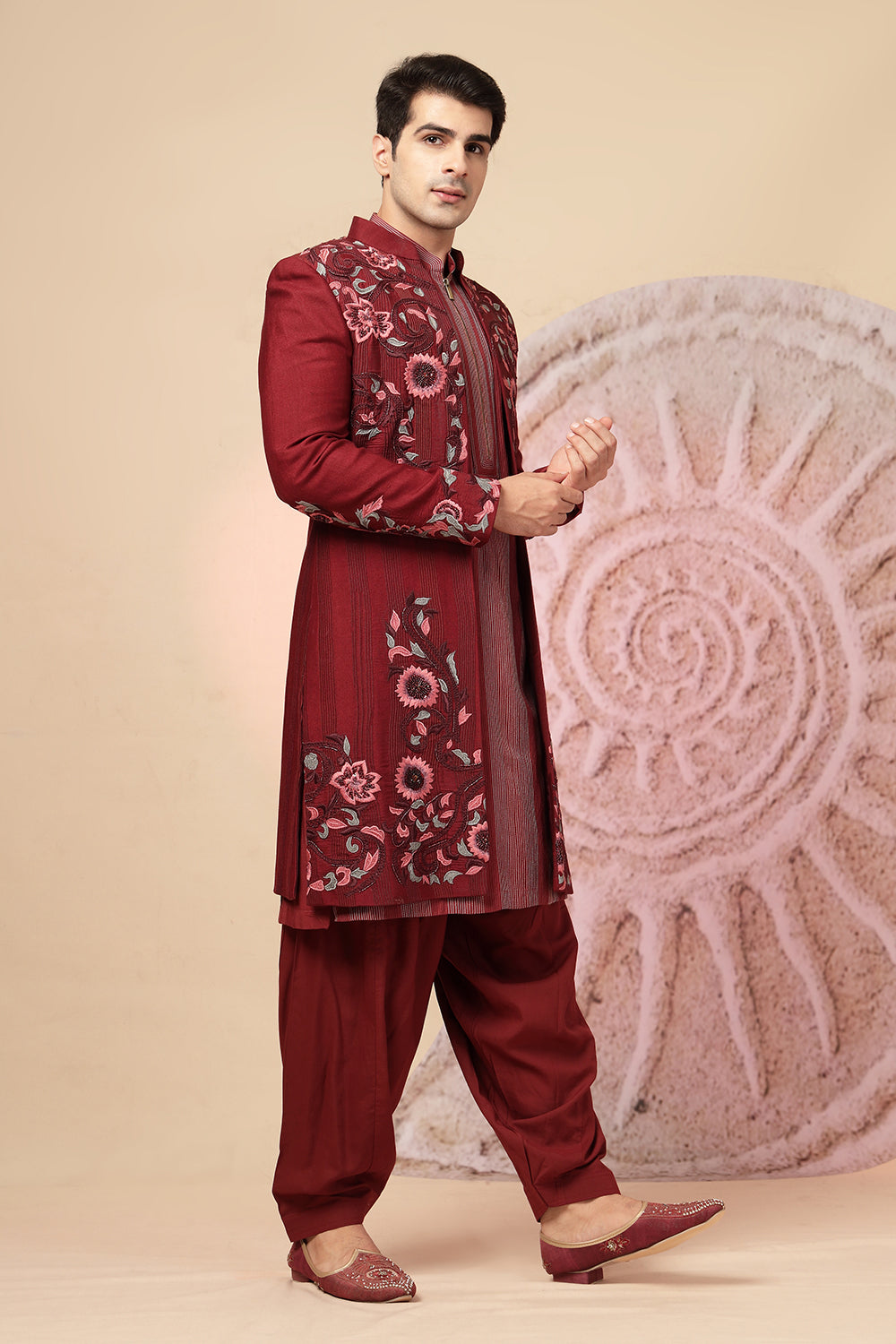 Maroon Embroidered Sherwani With Pathani Salwar