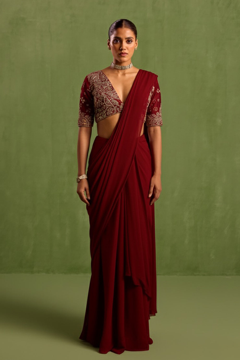 Maroon Pre Draped Saree Set