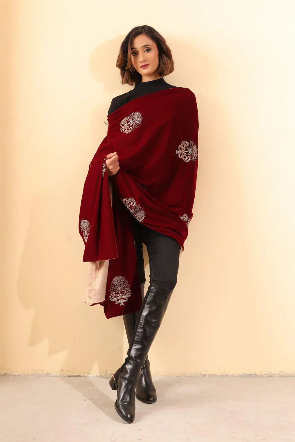 Maroon Velvet Embroidered Stole
