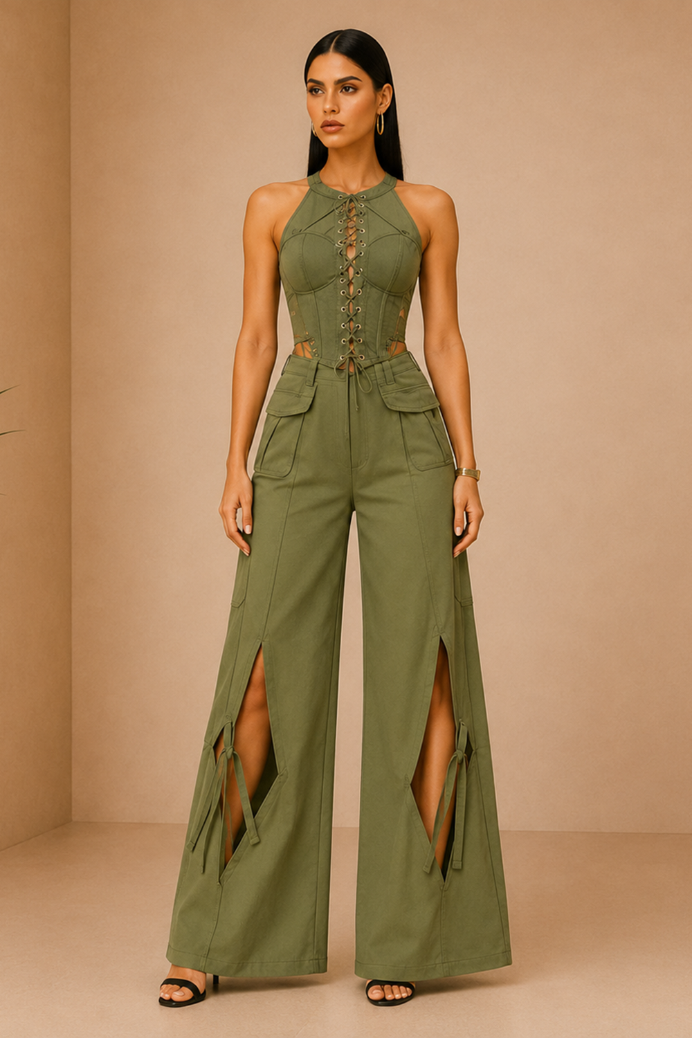 Matcha Green Lace-Up Corset Top & Wide Flare Pants Co-Ord Set