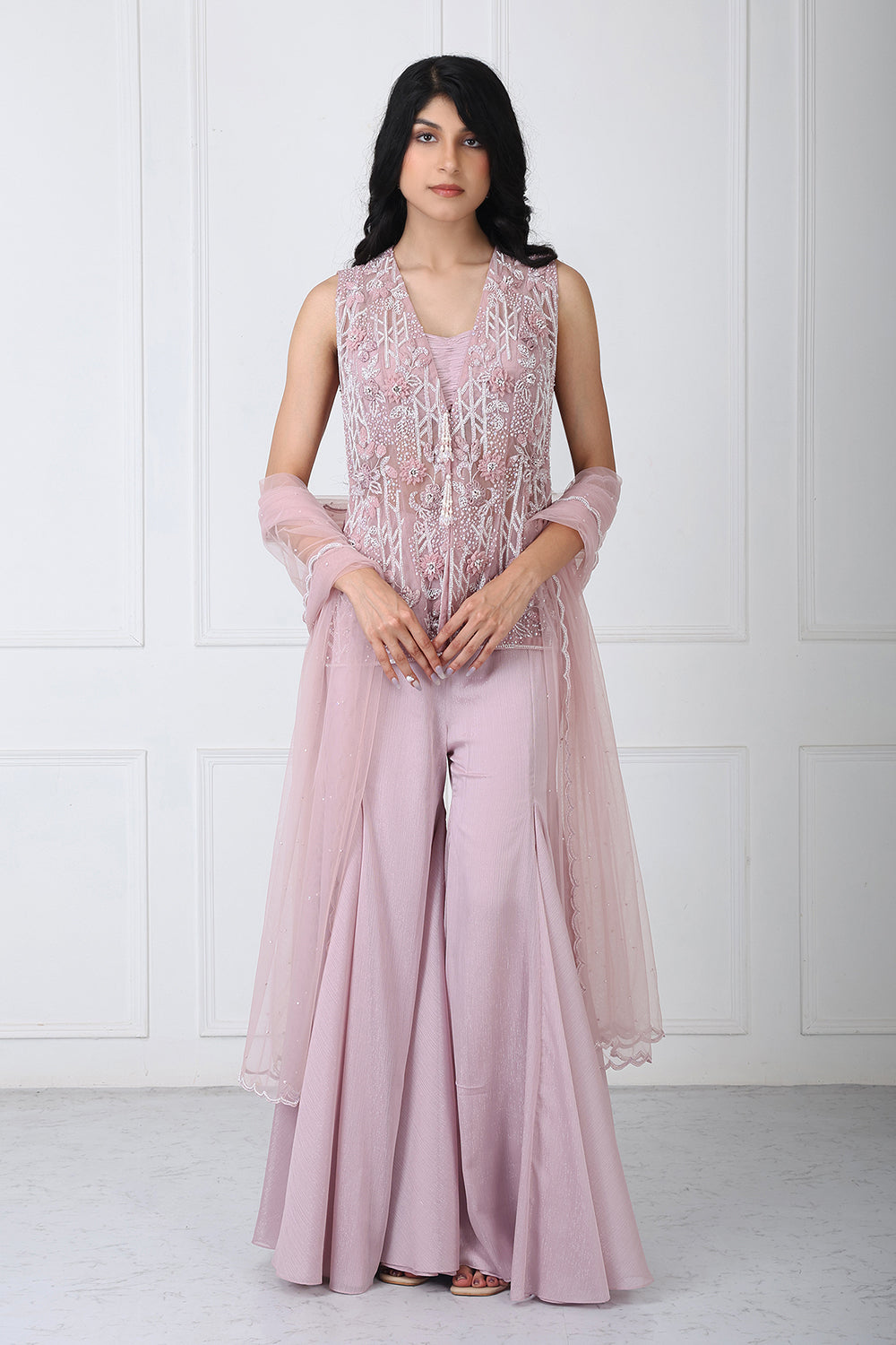Mauve Embroidered Jacket With Sharara And Dupatta
