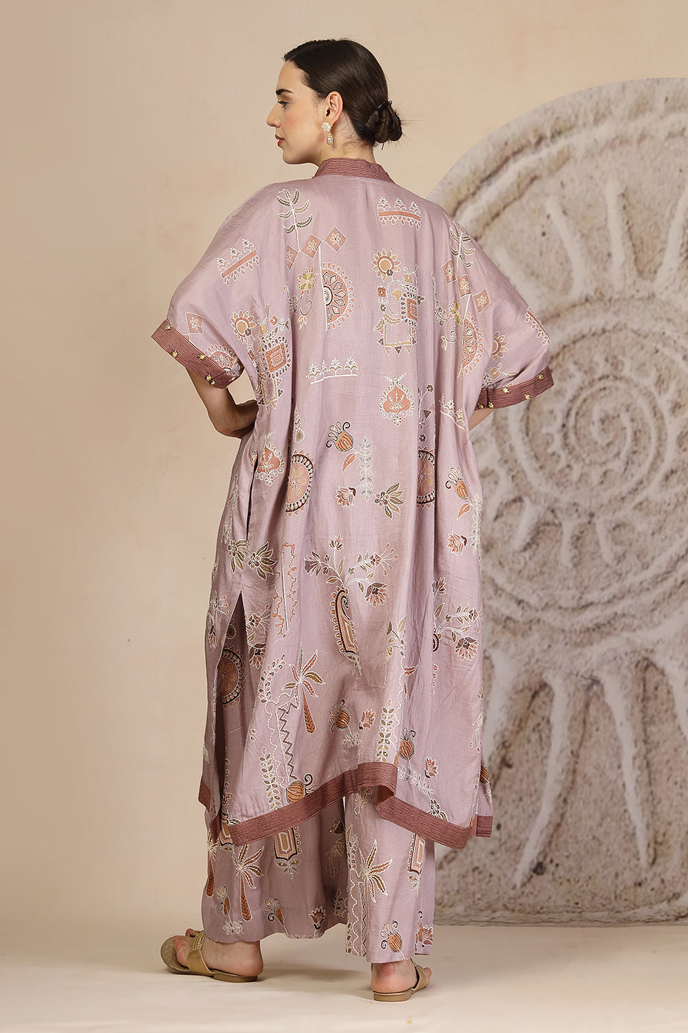 Mauve Slub Cotton Kaftan Kurta Set with Tribal Patchwork & Metallic Detailing