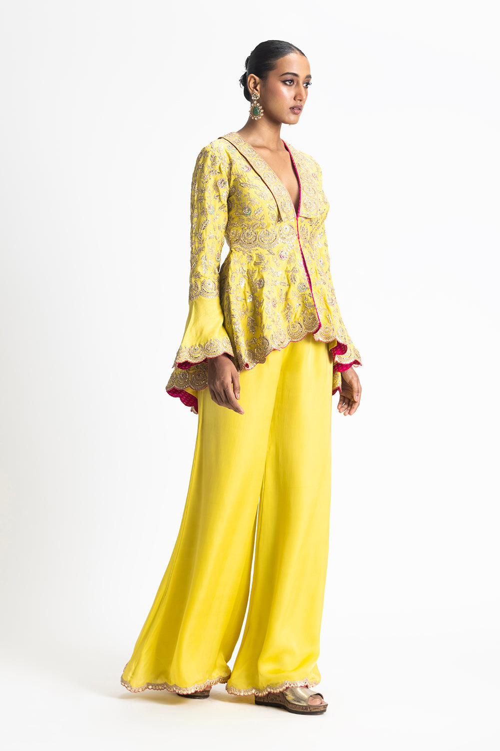 Mehndi Yellow Gota Worked Jacket With Satin Trouser