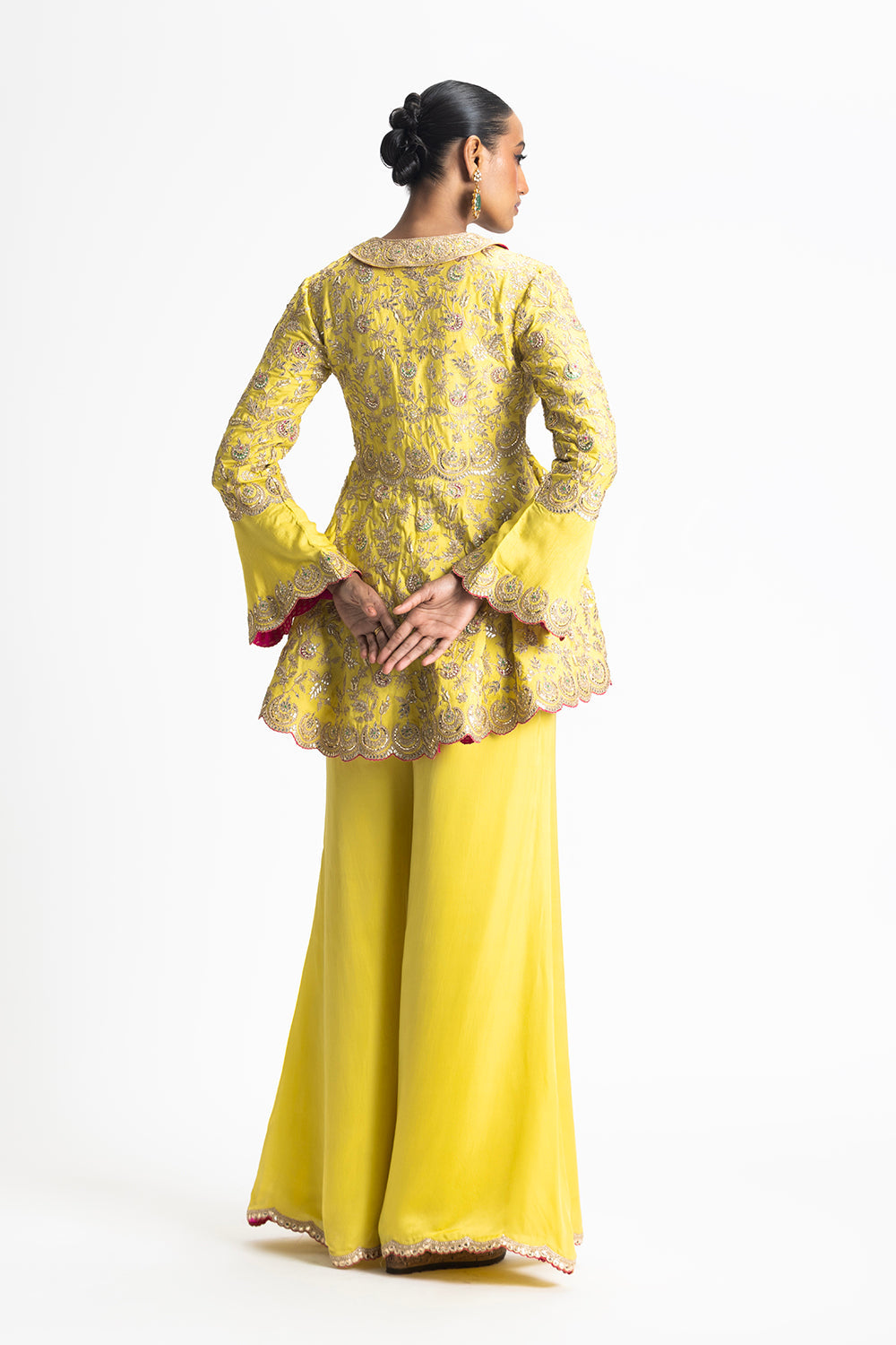 Mehndi Yellow Gota Worked Jacket With Satin Trouser
