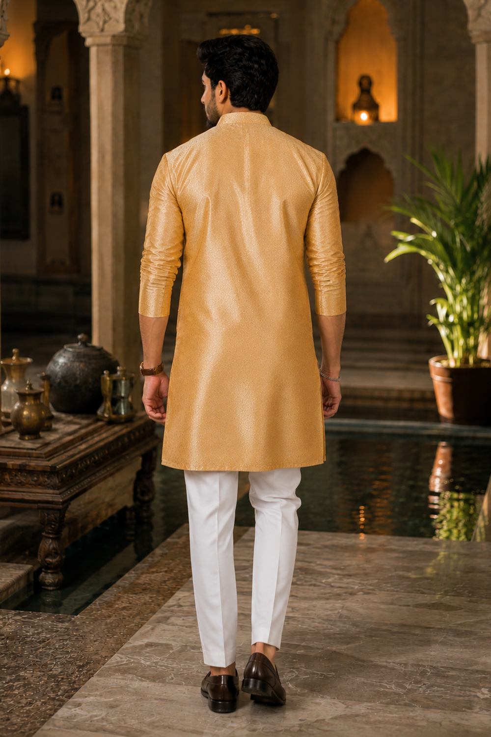 Men's Beige Art Silk Kurta Set