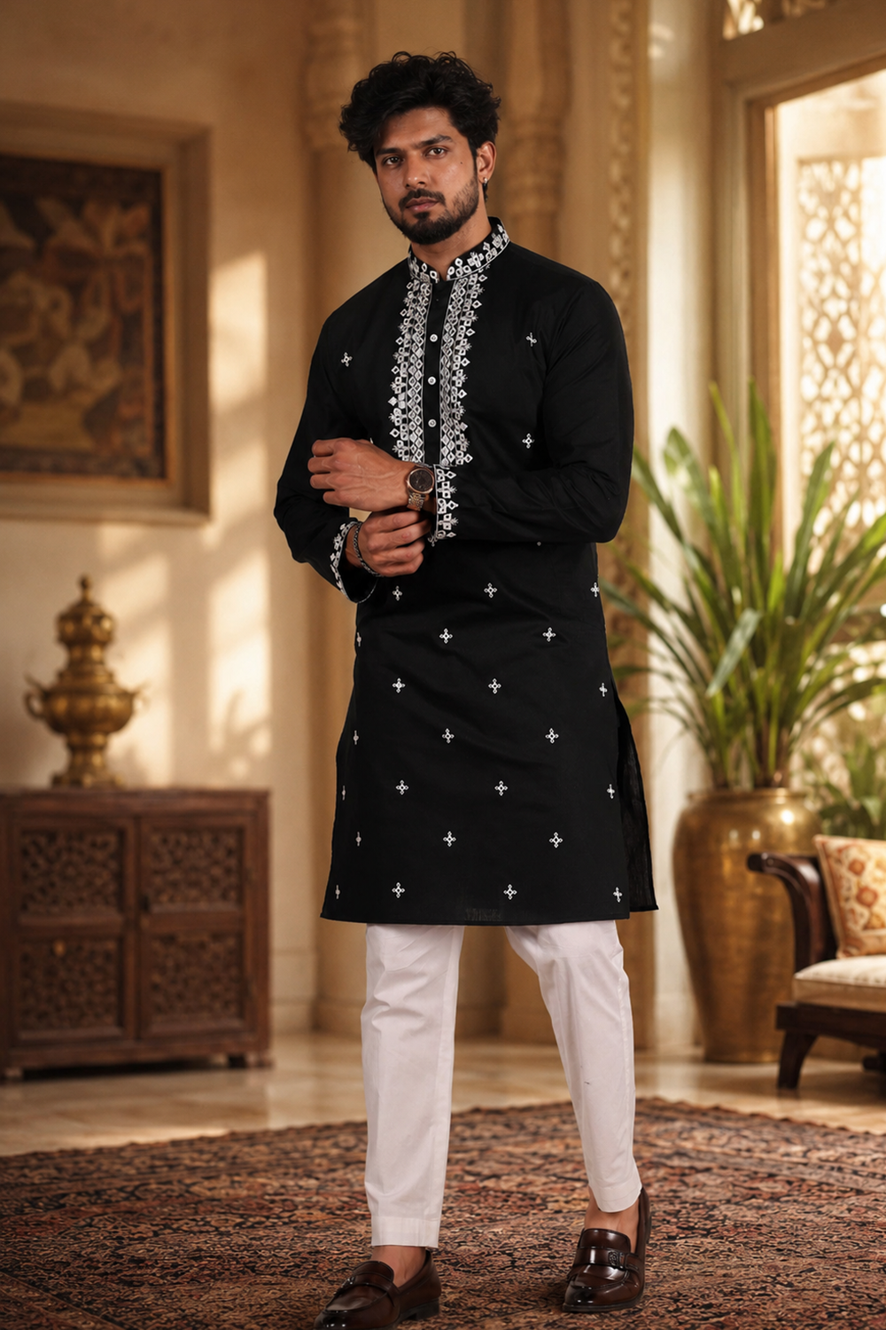 Men's Black Cotton Kurta Set