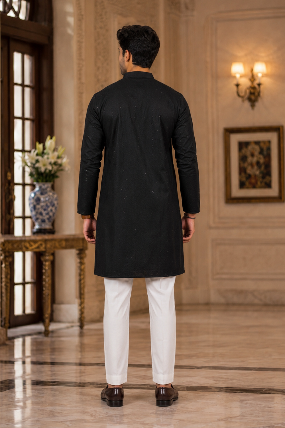 Men's Black Cotton Kurta Set