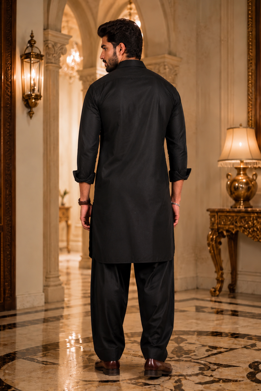 Men's Black Cotton Satin Kurta Set
