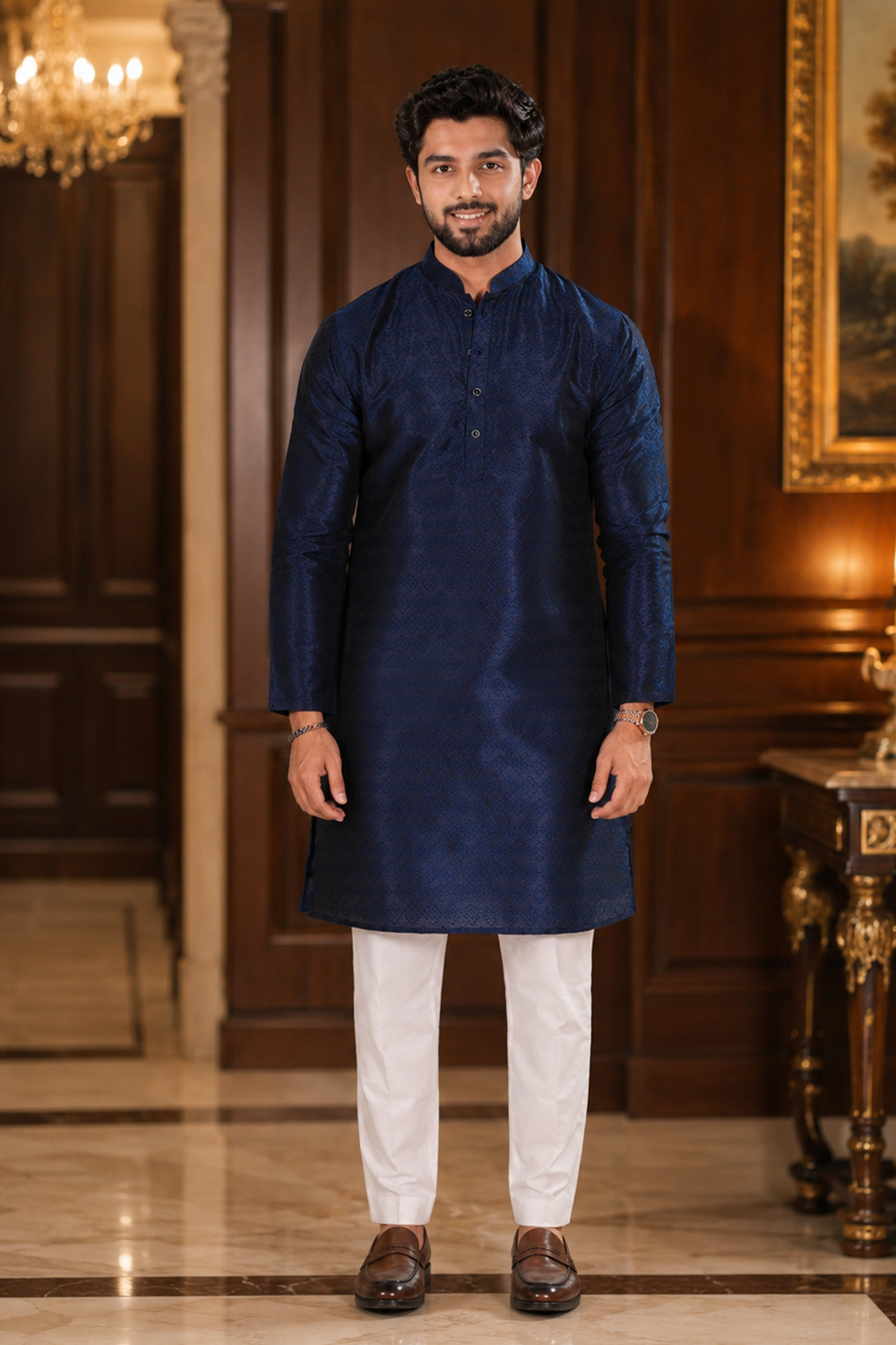 Men's Blue Art Silk Kurta Set