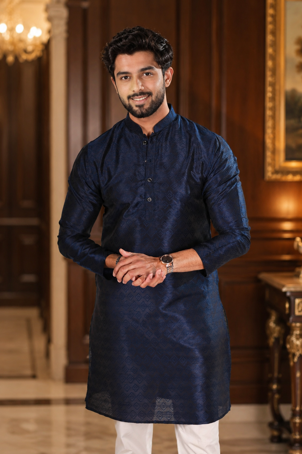 Men's Blue Art Silk Kurta Set