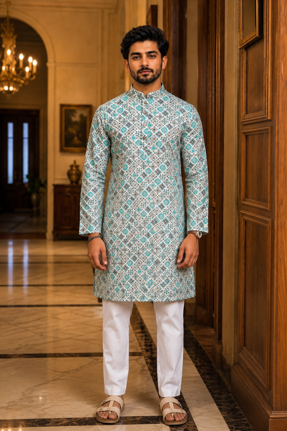 Men's Blue Cotton Kurta Set