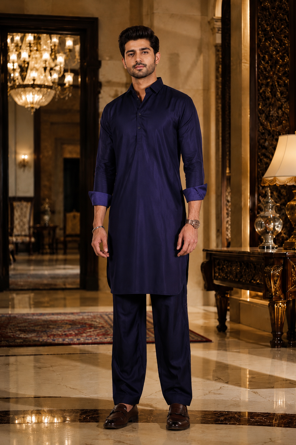 Men's Blue Cotton Satin Kurta Set