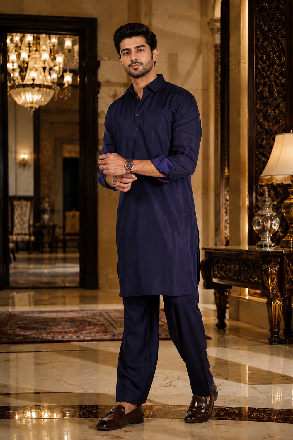 Men's Blue Cotton Satin Kurta Set