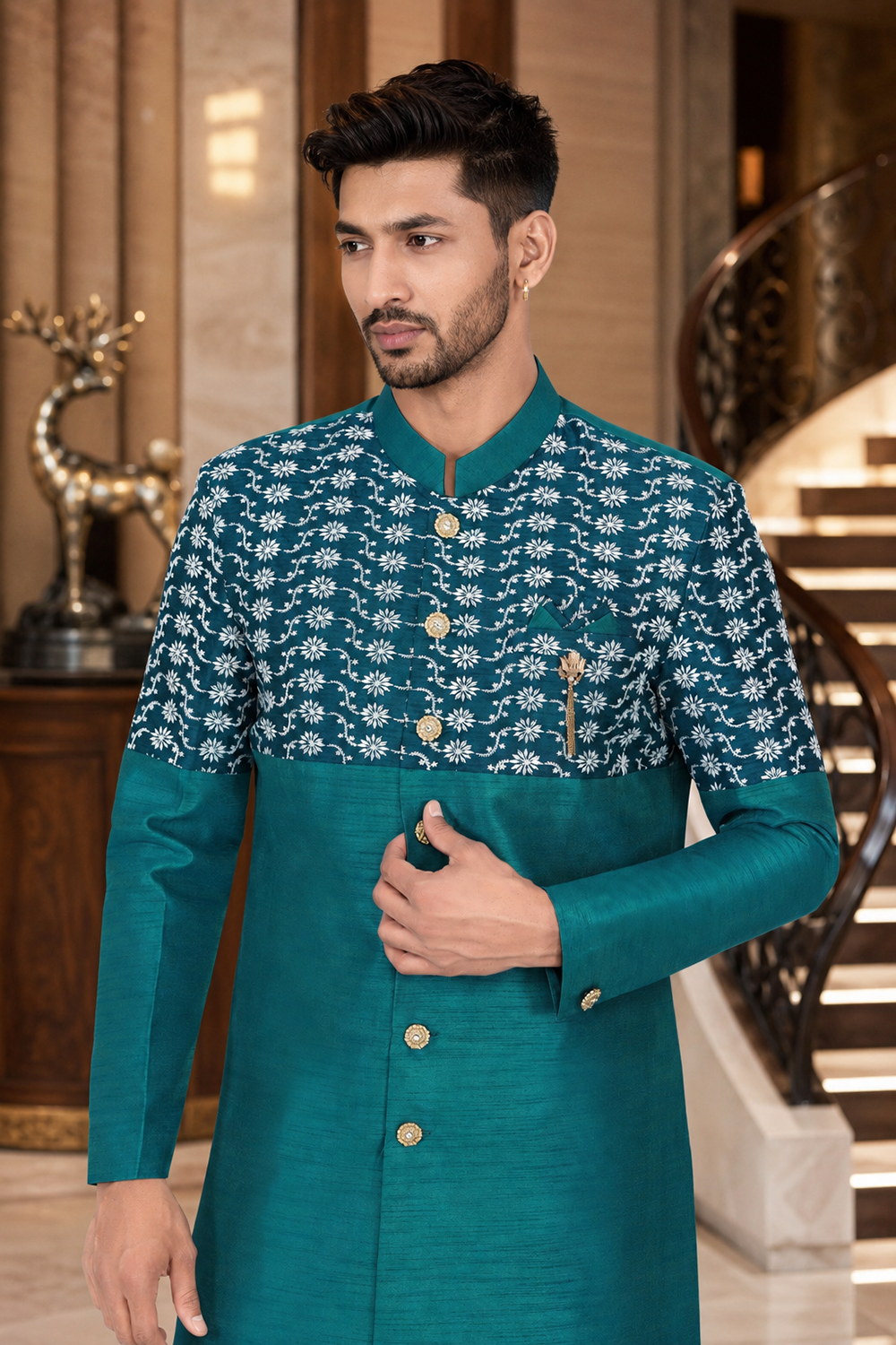 Men's Bluish Green Indo-Western