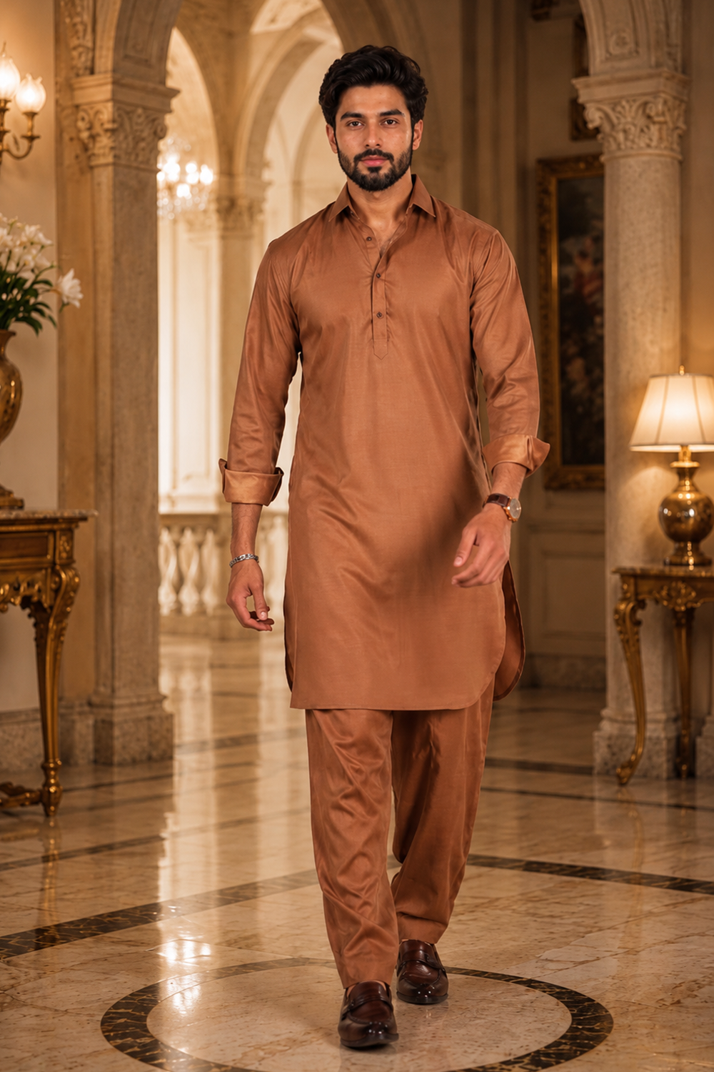 Men's Brown Cotton Satin Kurta Set