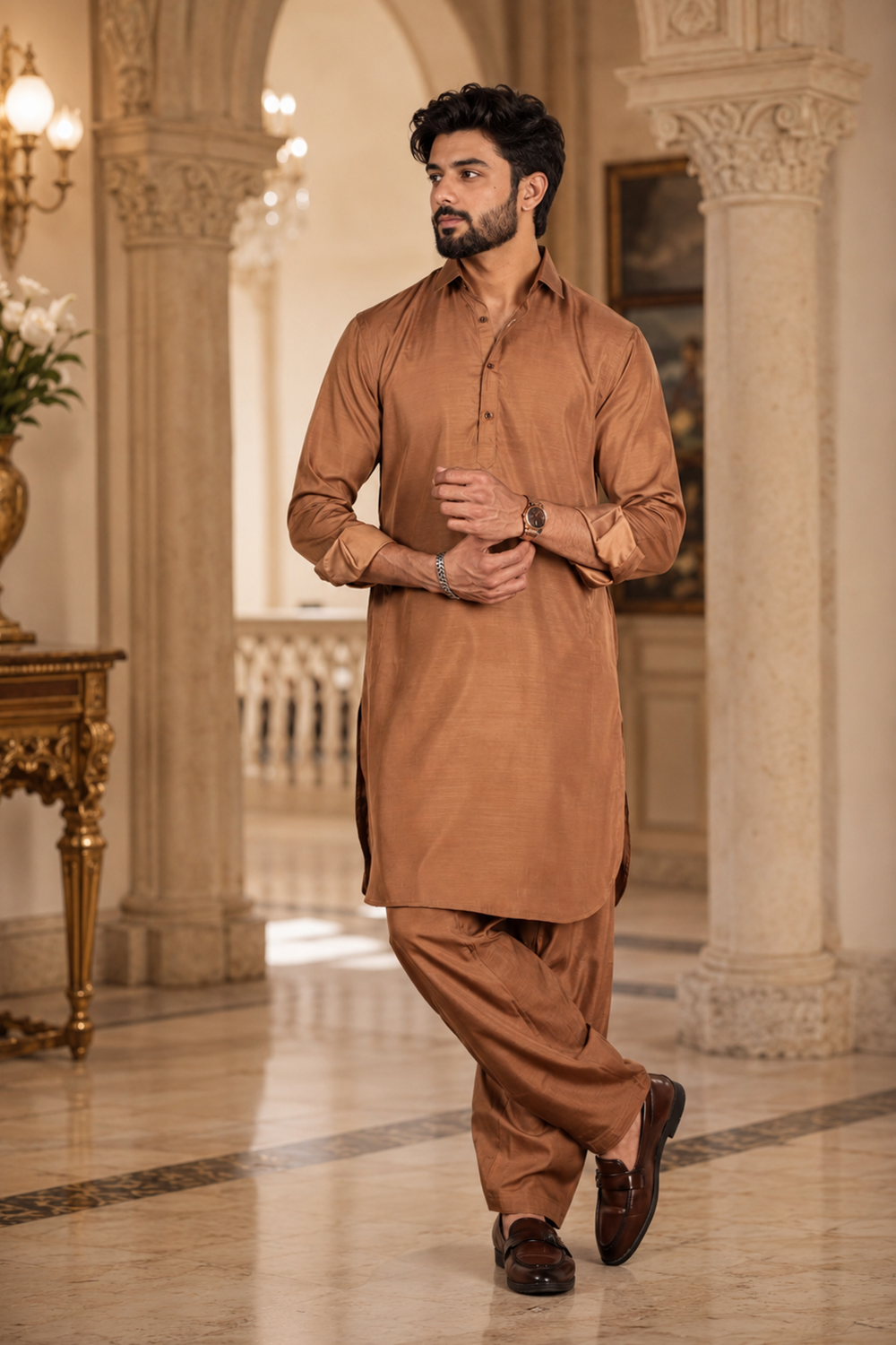 Men's Brown Cotton Satin Kurta Set