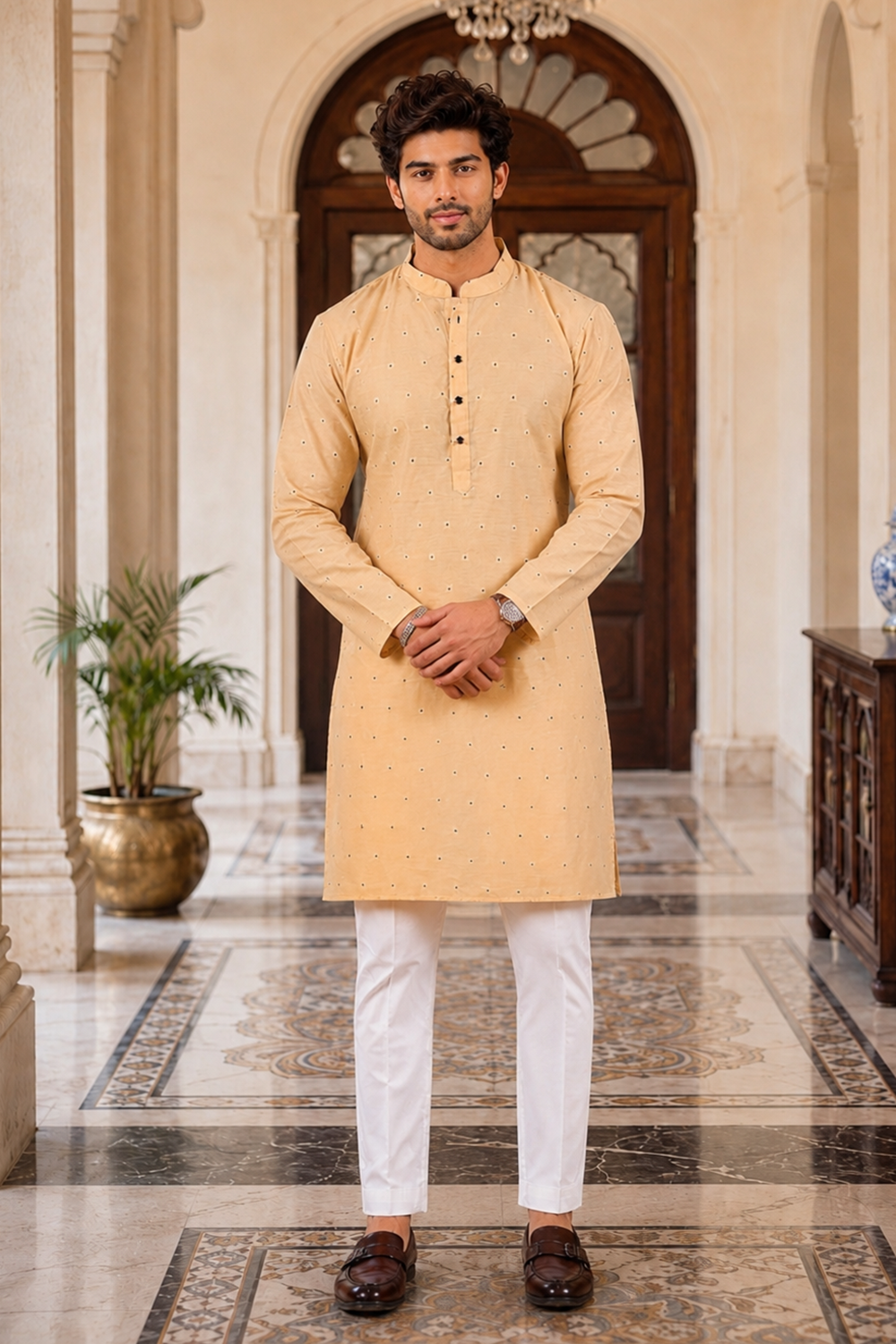 Men's Chiku Cotton Kurta Set