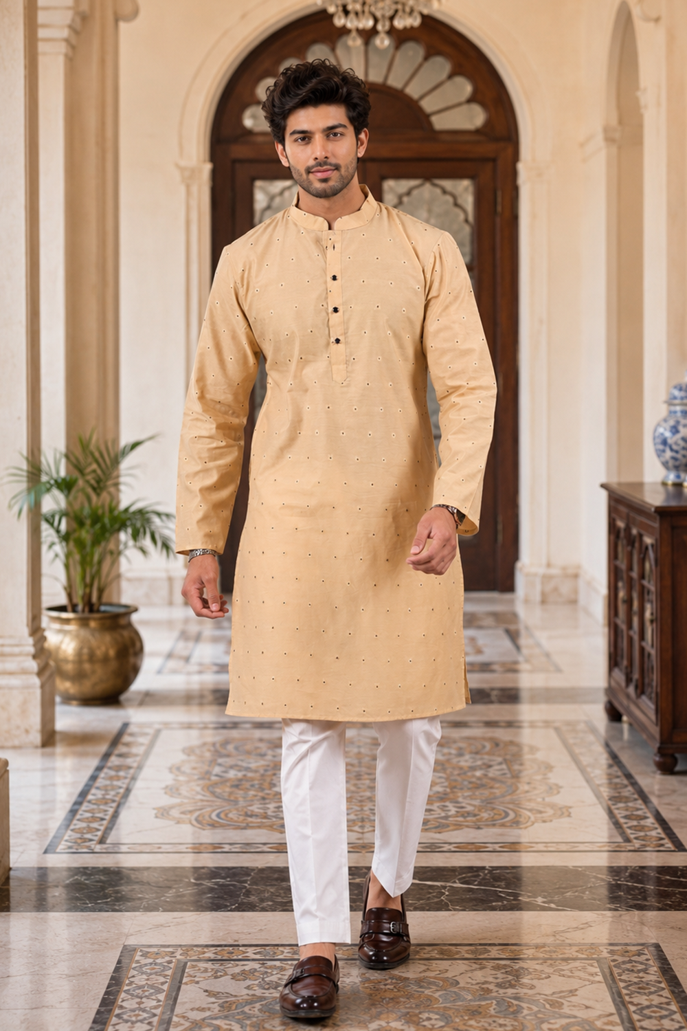 Men's Chiku Cotton Kurta Set
