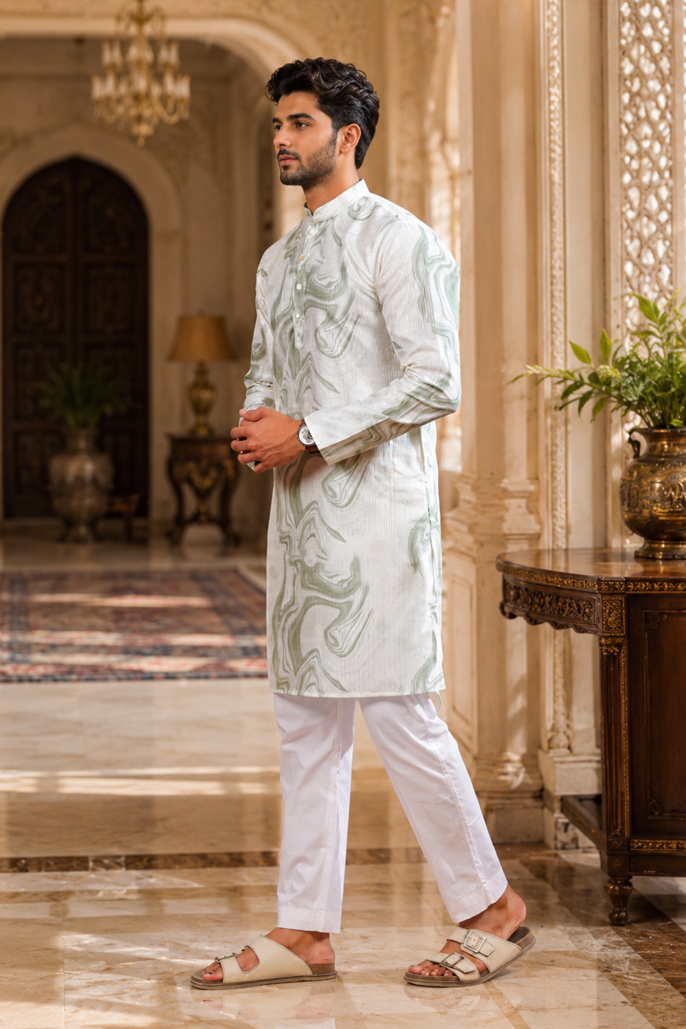 Men's Green Art Silk Kurta Set