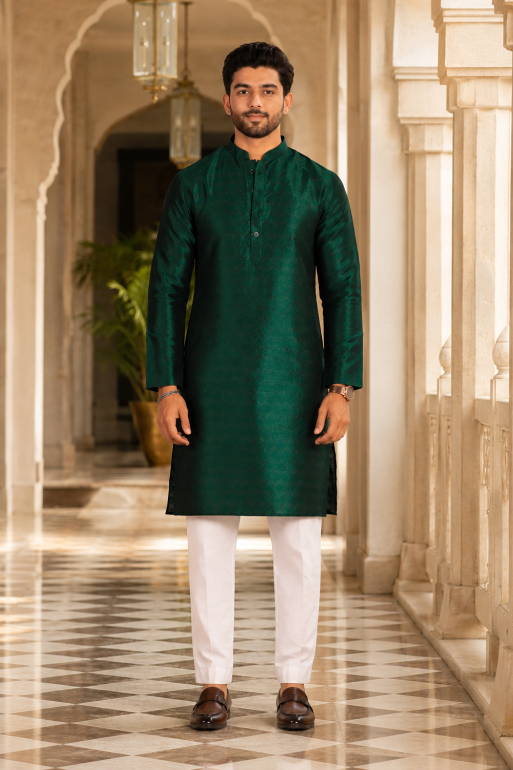Men's Green Art Silk Kurta Set