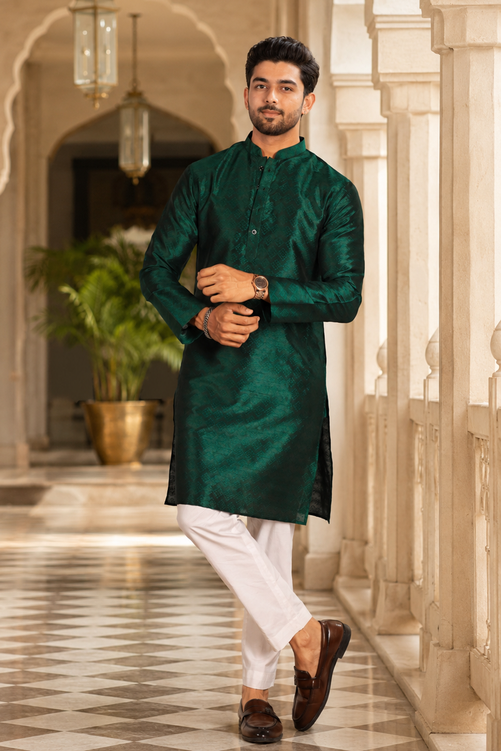 Men's Green Art Silk Kurta Set