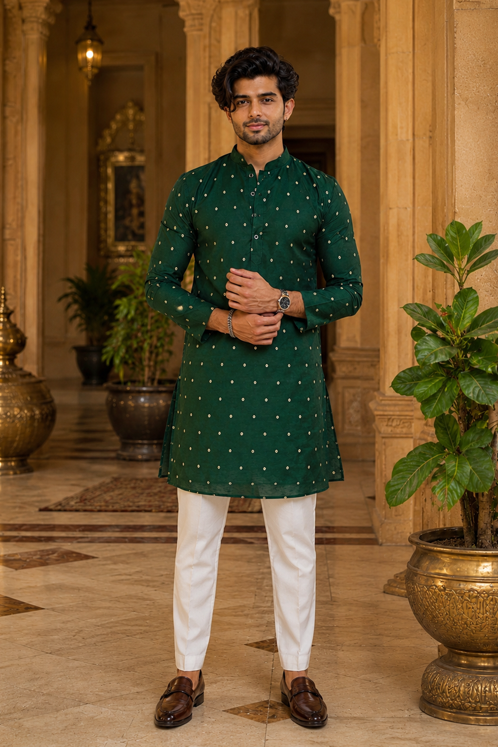 Men's Green Cotton Kurta Set