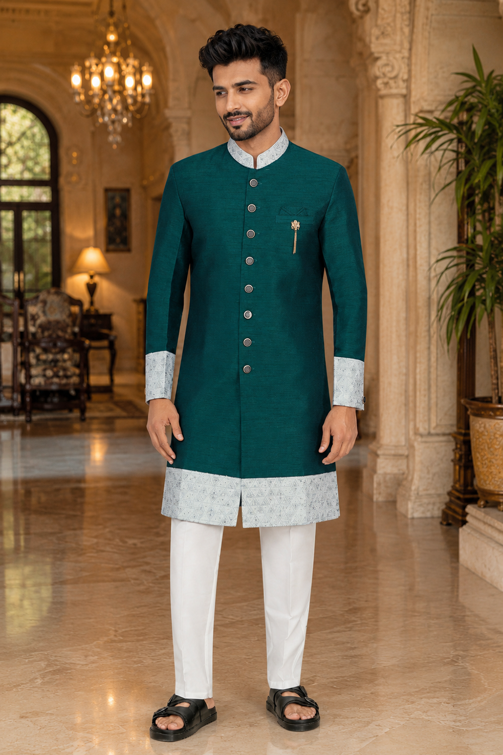 Men's Greenish Blue Indo-Western