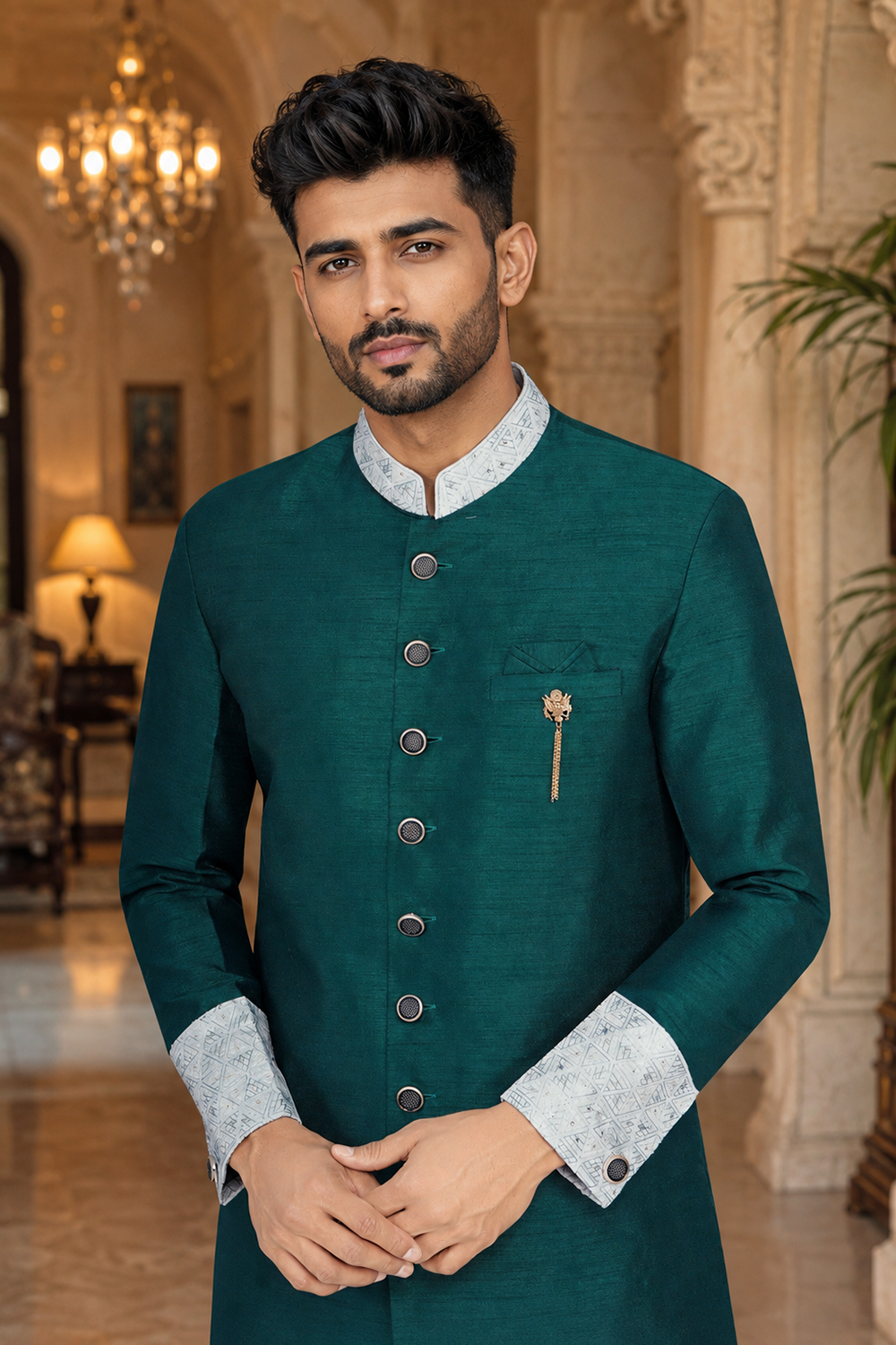Men's Greenish Blue Indo-Western