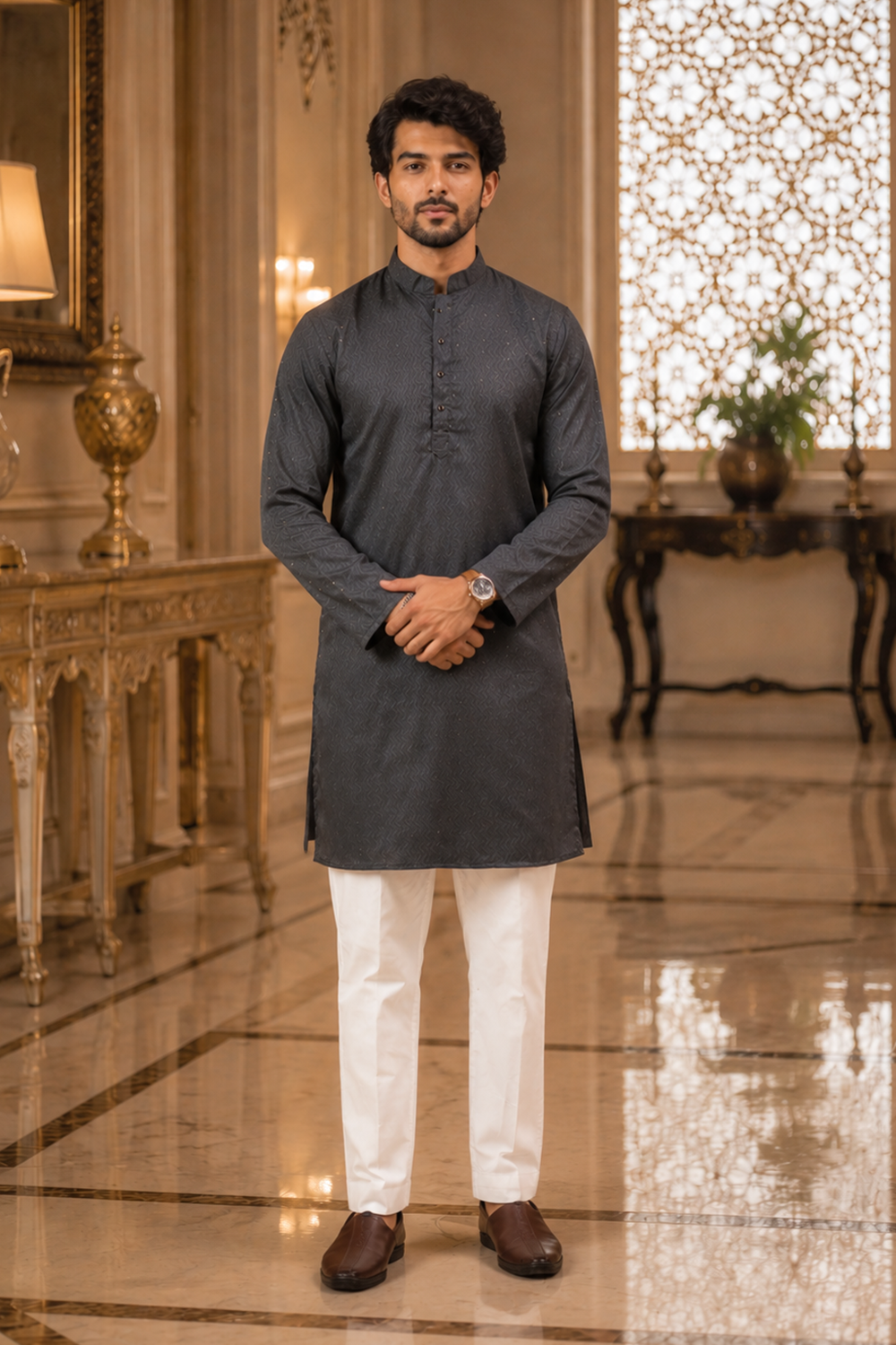 Men's Grey Cotton Kurta Set