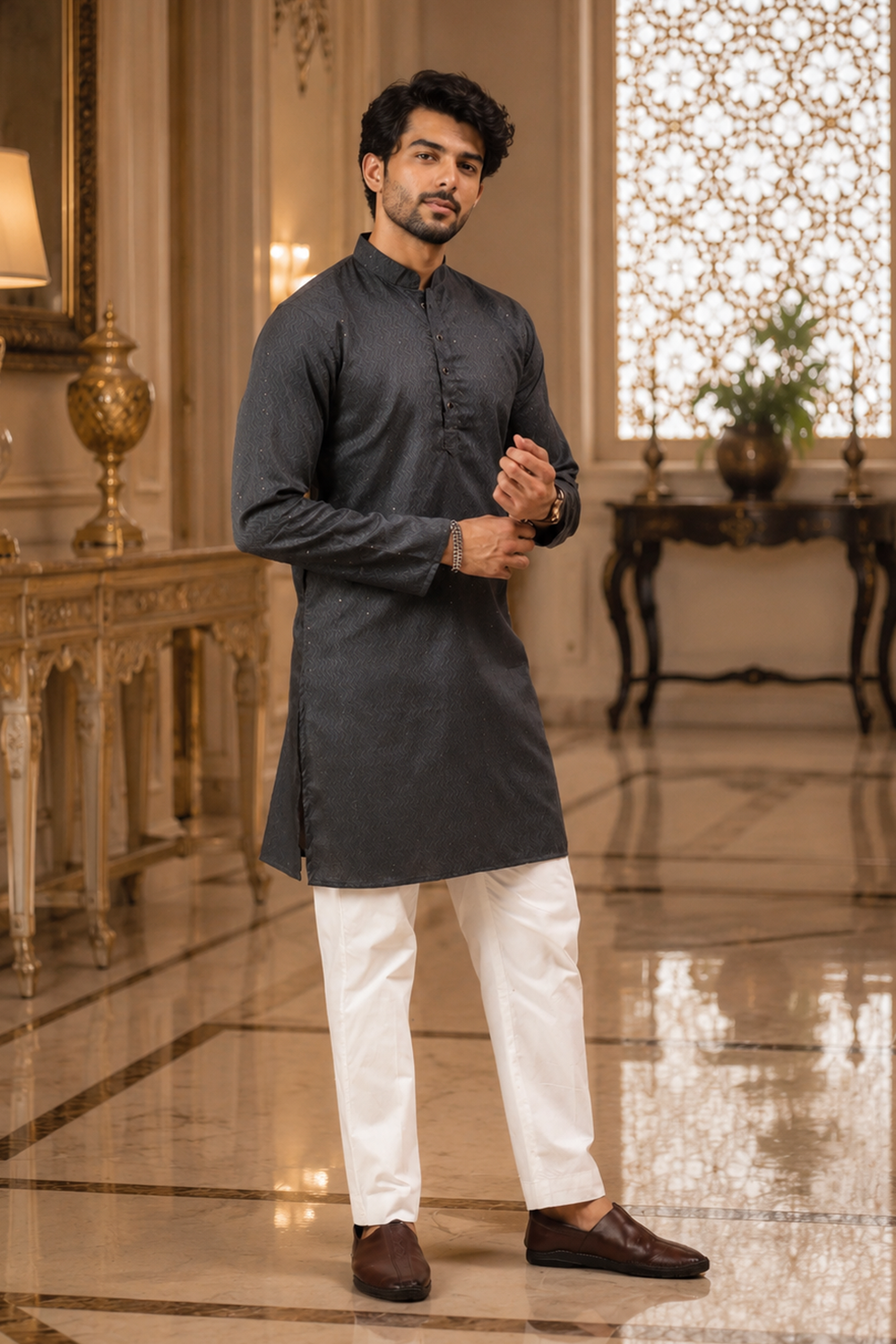 Men's Grey Cotton Kurta Set