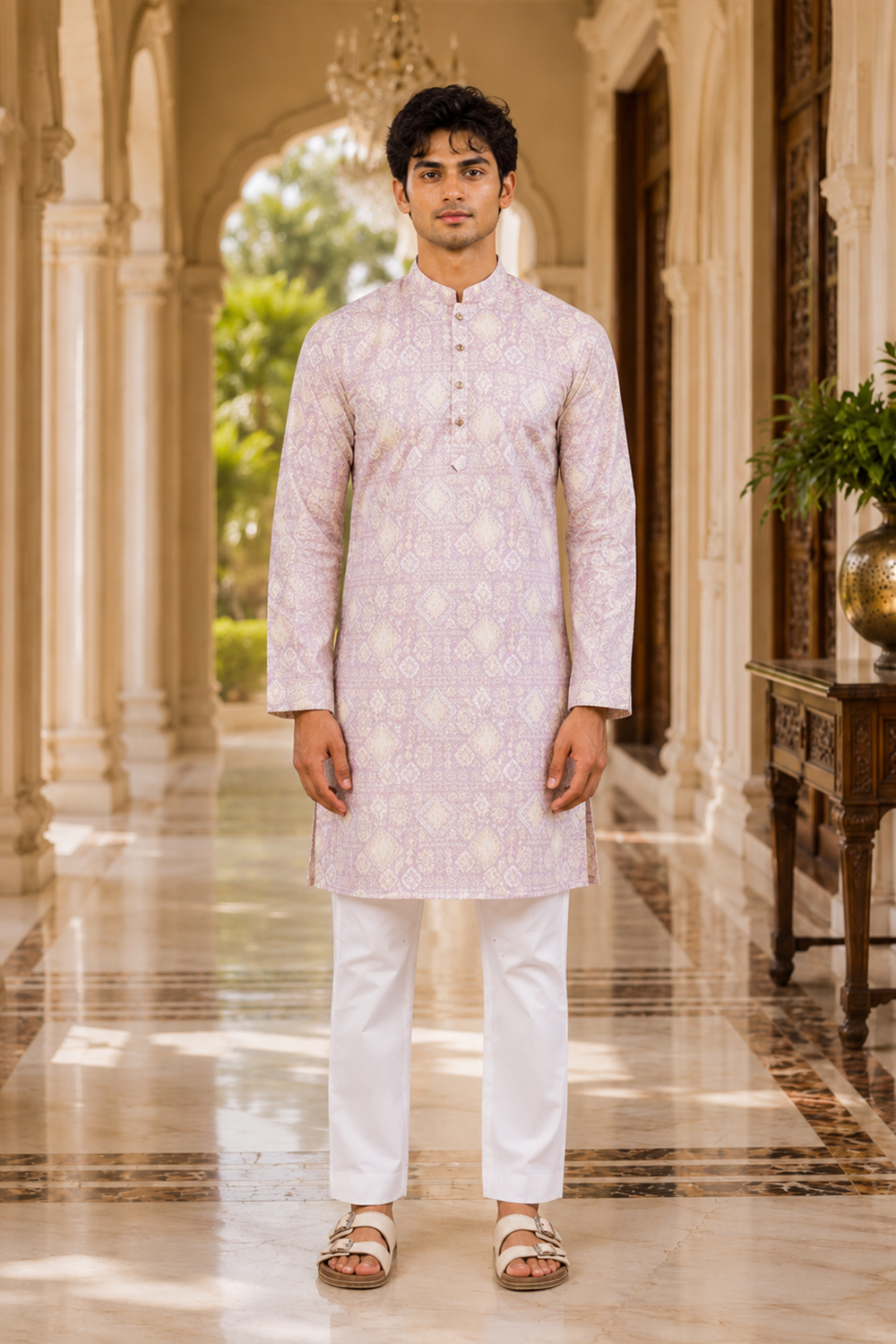 Men's Lavender Art Silk Kurta Set