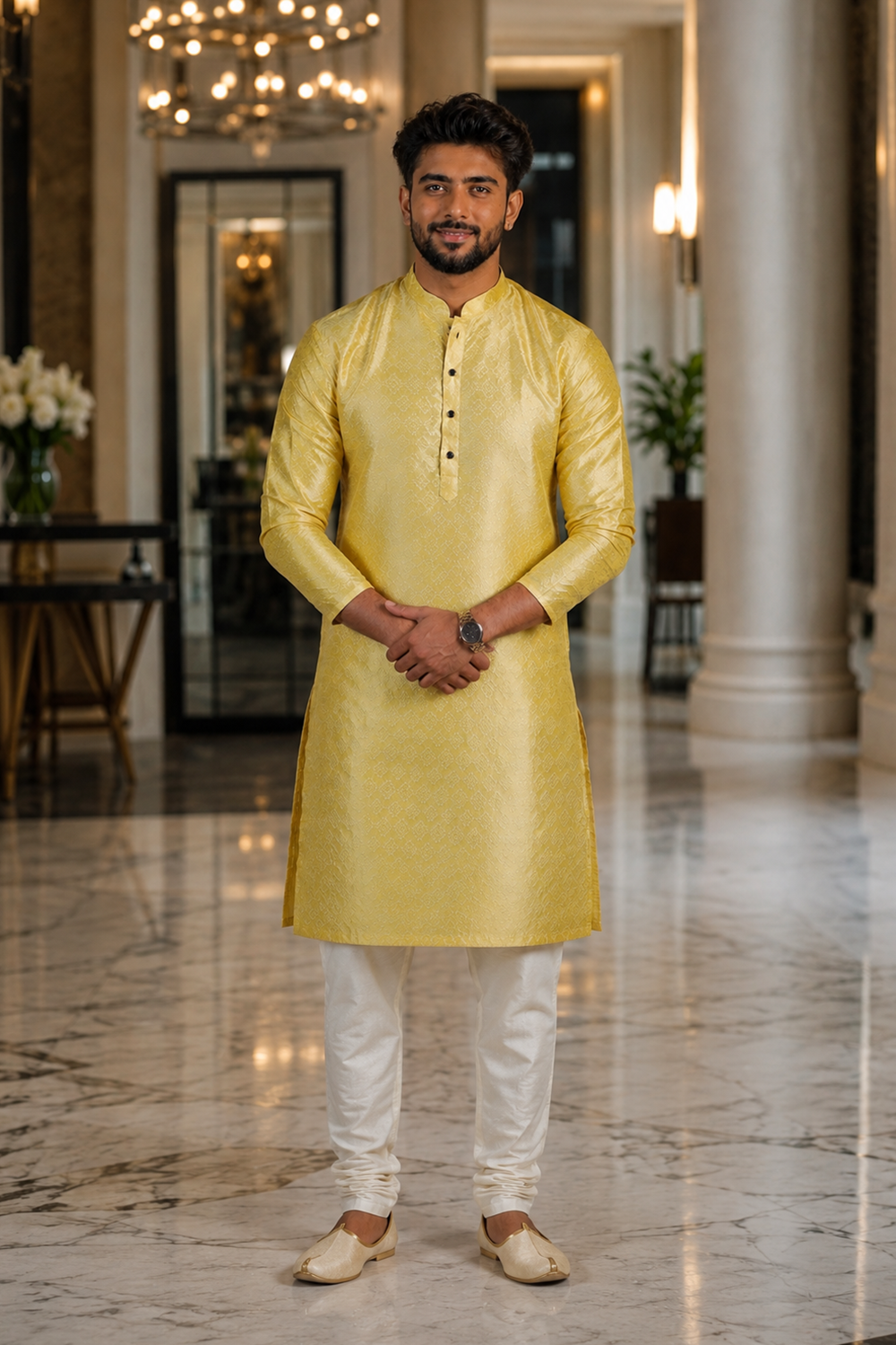 Men's Lemon Art Silk Kurta Set