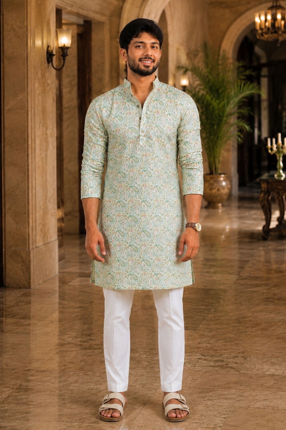 Men's Light Green Art Silk Kurta Set