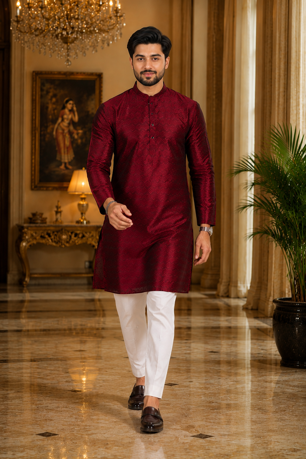 Men's Maroon Art Silk Kurta Set