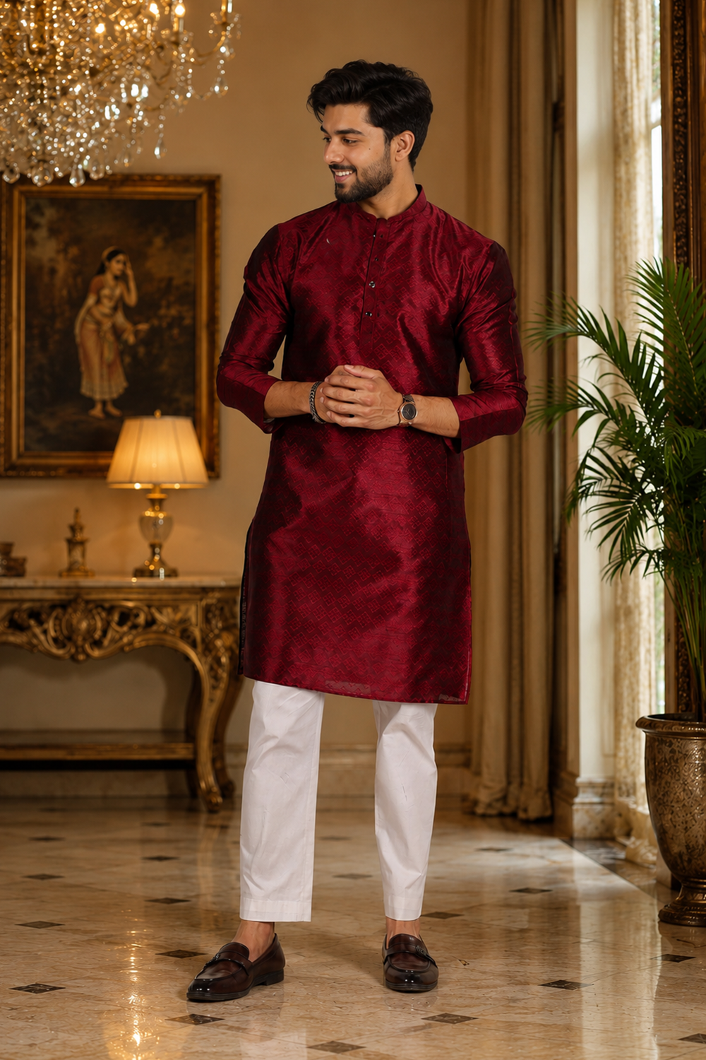 Men's Maroon Art Silk Kurta Set